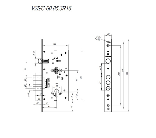 Врезной замок с защелкой Fuaro (Фуаро) MDV25/C-60.85.3R16 фото 2
